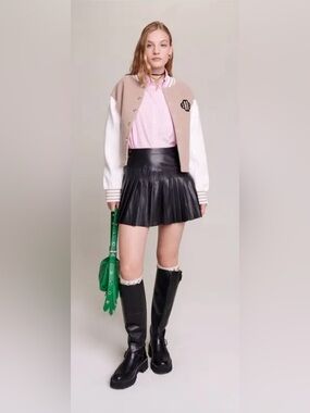 Maje pleated flared leather mini skirt